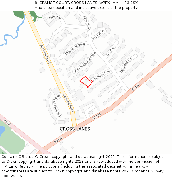 8, GRANGE COURT, CROSS LANES, WREXHAM, LL13 0SX: Location map and indicative extent of plot