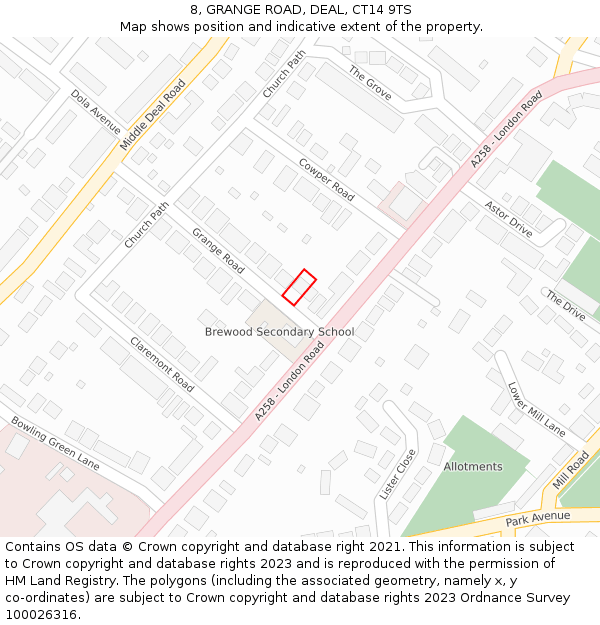 8, GRANGE ROAD, DEAL, CT14 9TS: Location map and indicative extent of plot