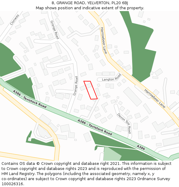 8, GRANGE ROAD, YELVERTON, PL20 6BJ: Location map and indicative extent of plot