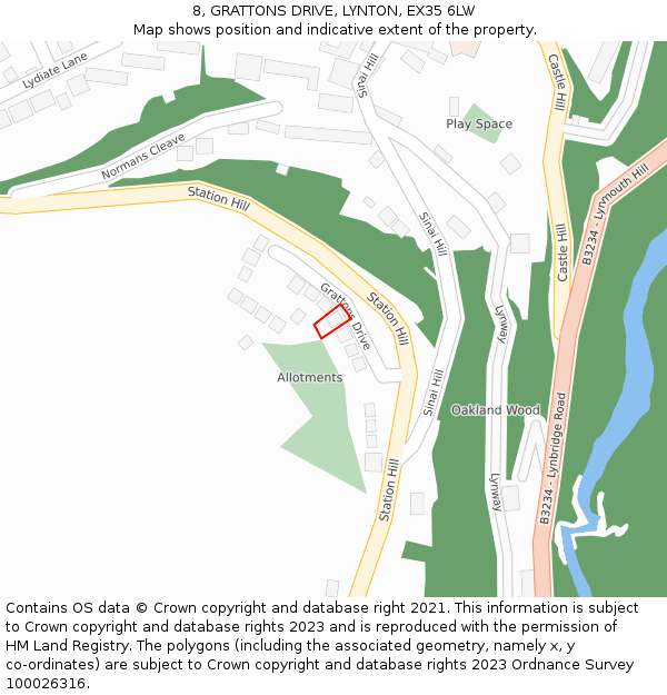 8, GRATTONS DRIVE, LYNTON, EX35 6LW: Location map and indicative extent of plot