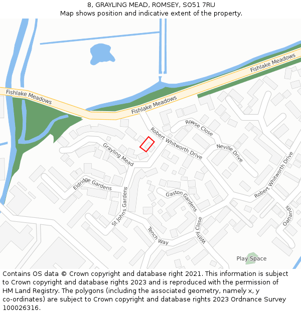 8, GRAYLING MEAD, ROMSEY, SO51 7RU: Location map and indicative extent of plot