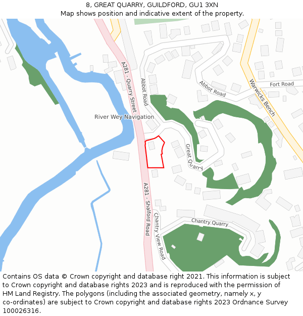 8, GREAT QUARRY, GUILDFORD, GU1 3XN: Location map and indicative extent of plot