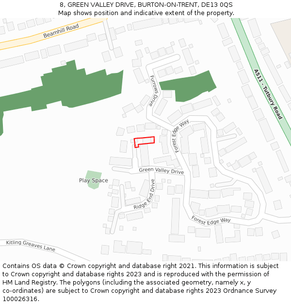 8, GREEN VALLEY DRIVE, BURTON-ON-TRENT, DE13 0QS: Location map and indicative extent of plot
