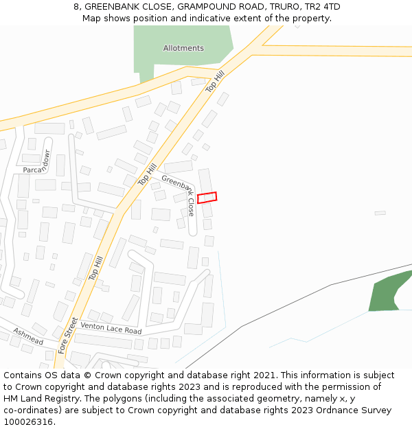 8, GREENBANK CLOSE, GRAMPOUND ROAD, TRURO, TR2 4TD: Location map and indicative extent of plot