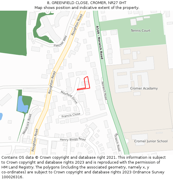 8, GREENFIELD CLOSE, CROMER, NR27 0HT: Location map and indicative extent of plot