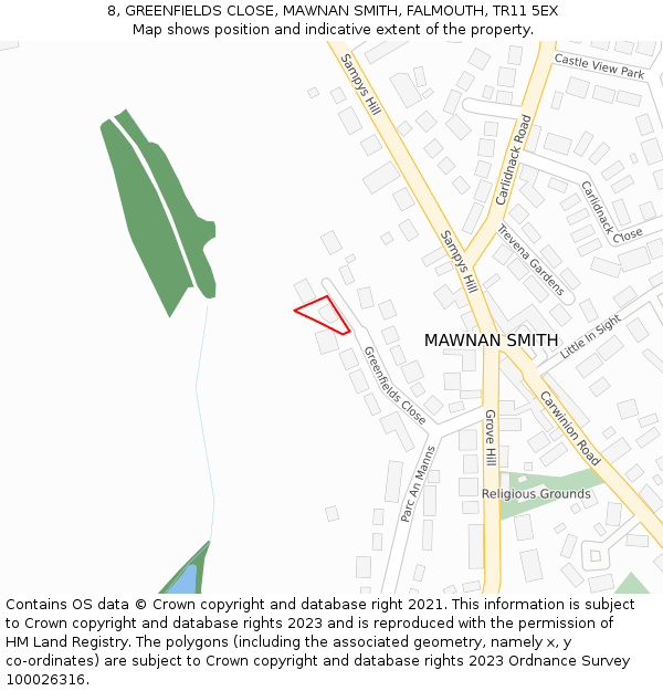 8, GREENFIELDS CLOSE, MAWNAN SMITH, FALMOUTH, TR11 5EX: Location map and indicative extent of plot