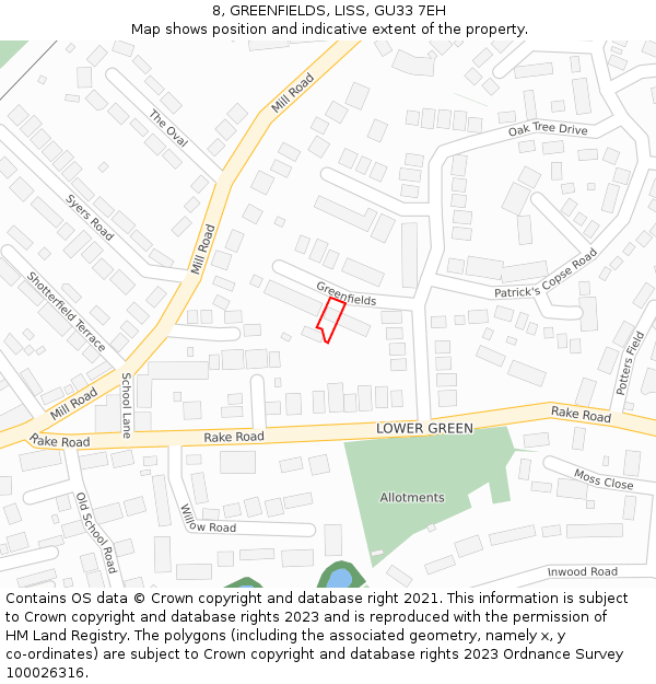 8, GREENFIELDS, LISS, GU33 7EH: Location map and indicative extent of plot