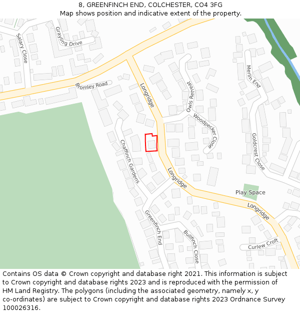 8, GREENFINCH END, COLCHESTER, CO4 3FG: Location map and indicative extent of plot