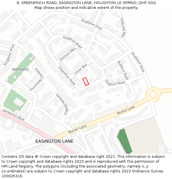 8, GREENFINCH ROAD, EASINGTON LANE, HOUGHTON LE SPRING, DH5 0GG: Location map and indicative extent of plot