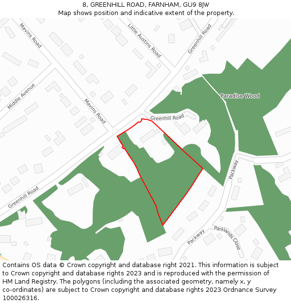 8, GREENHILL ROAD, FARNHAM, GU9 8JW: Location map and indicative extent of plot