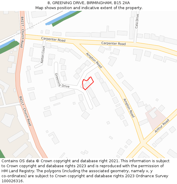 8, GREENING DRIVE, BIRMINGHAM, B15 2XA: Location map and indicative extent of plot