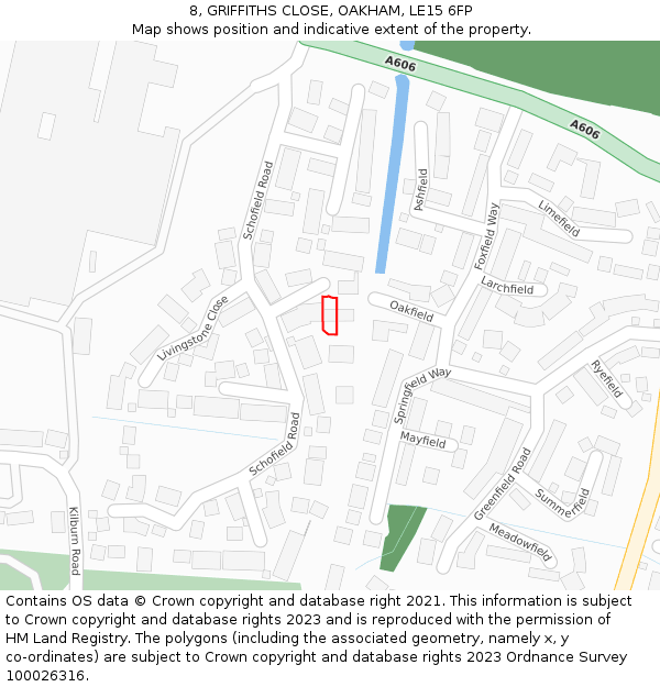 8, GRIFFITHS CLOSE, OAKHAM, LE15 6FP: Location map and indicative extent of plot