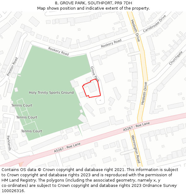 8, GROVE PARK, SOUTHPORT, PR9 7DH: Location map and indicative extent of plot