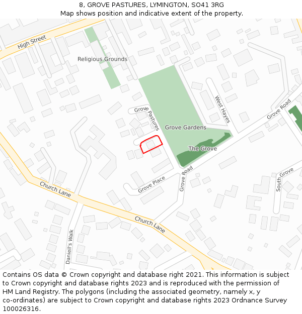 8, GROVE PASTURES, LYMINGTON, SO41 3RG: Location map and indicative extent of plot