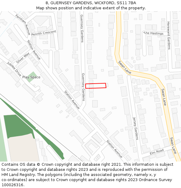 8, GUERNSEY GARDENS, WICKFORD, SS11 7BA: Location map and indicative extent of plot