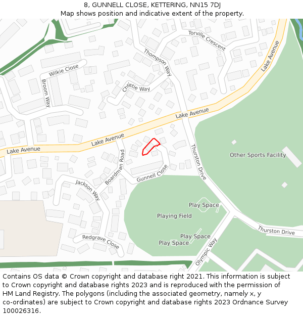 8, GUNNELL CLOSE, KETTERING, NN15 7DJ: Location map and indicative extent of plot