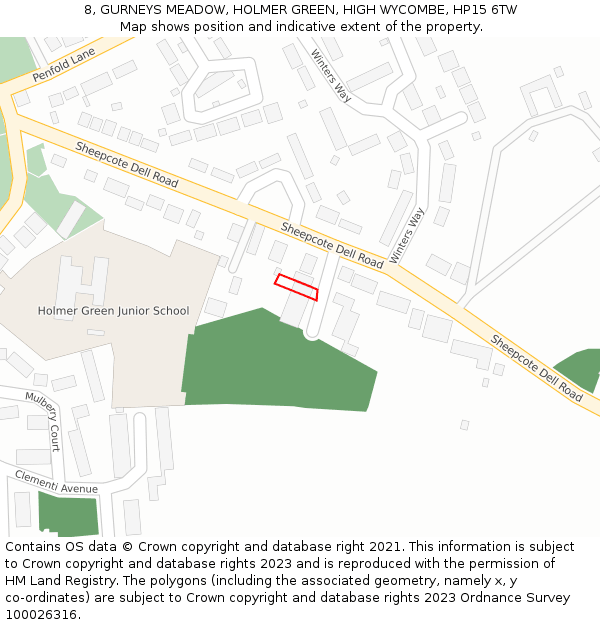 8, GURNEYS MEADOW, HOLMER GREEN, HIGH WYCOMBE, HP15 6TW: Location map and indicative extent of plot
