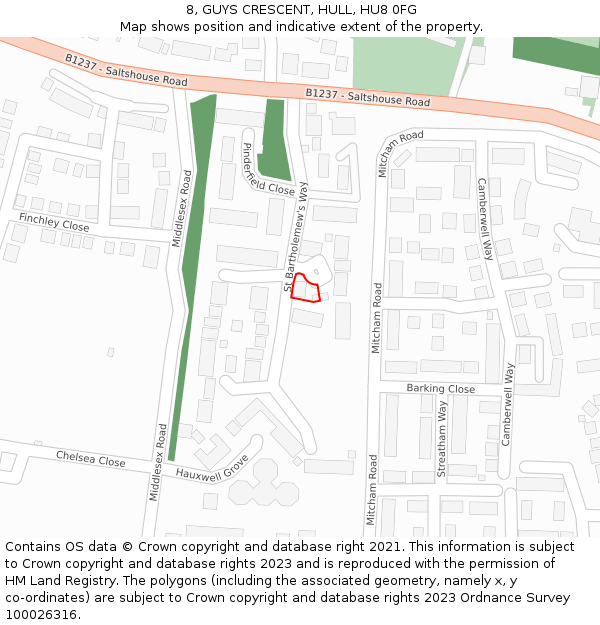 8, GUYS CRESCENT, HULL, HU8 0FG: Location map and indicative extent of plot