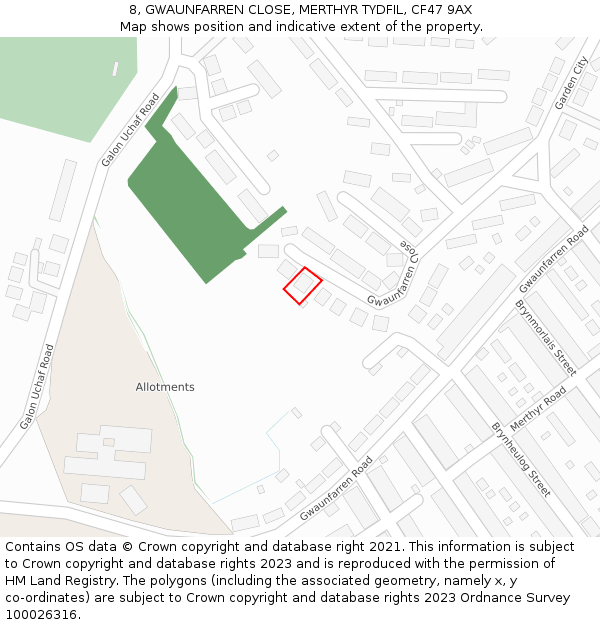 8, GWAUNFARREN CLOSE, MERTHYR TYDFIL, CF47 9AX: Location map and indicative extent of plot