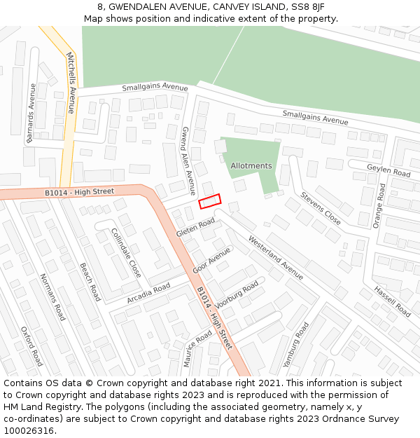 8, GWENDALEN AVENUE, CANVEY ISLAND, SS8 8JF: Location map and indicative extent of plot