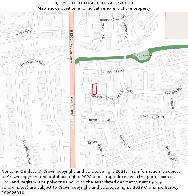 8, HADSTON CLOSE, REDCAR, TS10 2TE: Location map and indicative extent of plot