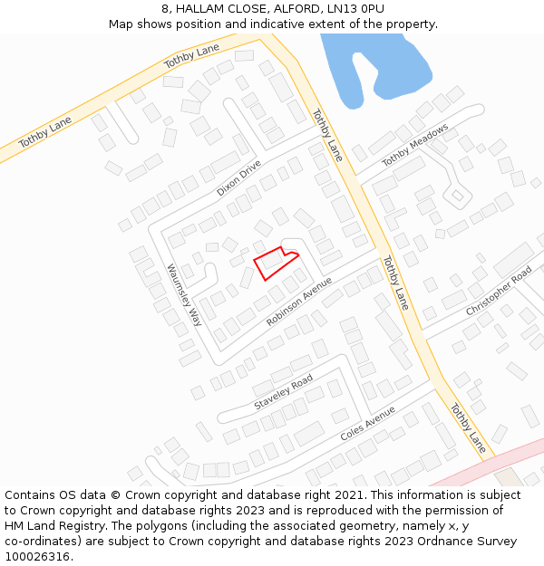 8, HALLAM CLOSE, ALFORD, LN13 0PU: Location map and indicative extent of plot