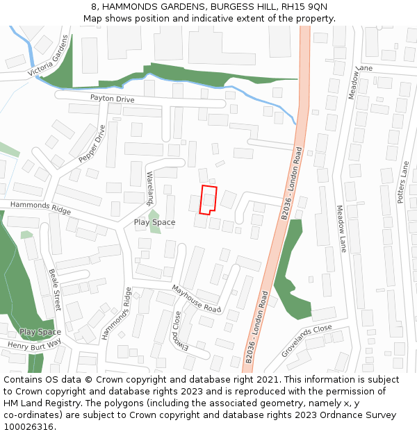 8, HAMMONDS GARDENS, BURGESS HILL, RH15 9QN: Location map and indicative extent of plot