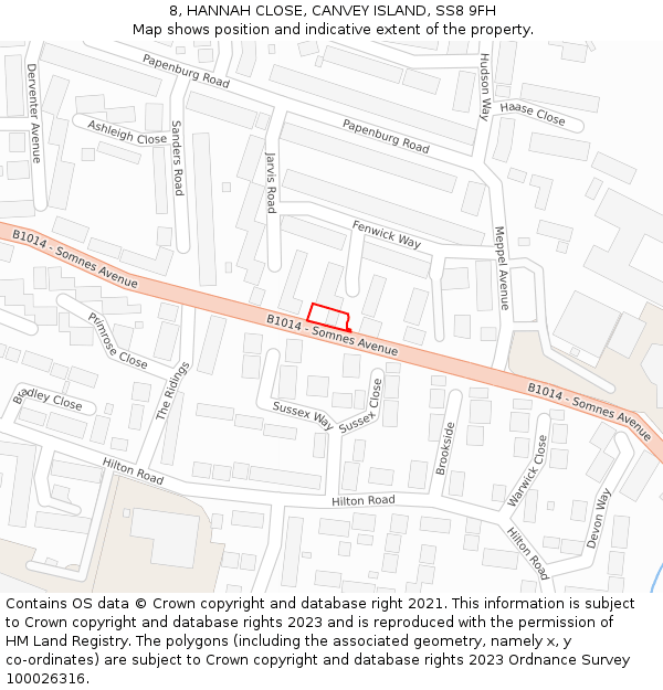 8, HANNAH CLOSE, CANVEY ISLAND, SS8 9FH: Location map and indicative extent of plot