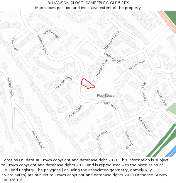 8, HANSON CLOSE, CAMBERLEY, GU15 1PX: Location map and indicative extent of plot