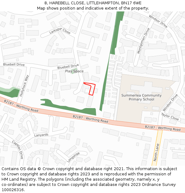 8, HAREBELL CLOSE, LITTLEHAMPTON, BN17 6WE: Location map and indicative extent of plot