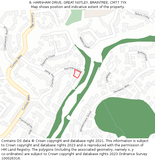 8, HARNHAM DRIVE, GREAT NOTLEY, BRAINTREE, CM77 7YX: Location map and indicative extent of plot