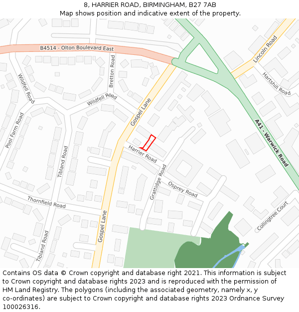 8, HARRIER ROAD, BIRMINGHAM, B27 7AB: Location map and indicative extent of plot