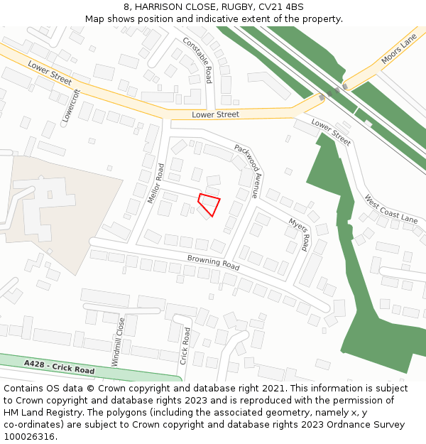 8, HARRISON CLOSE, RUGBY, CV21 4BS: Location map and indicative extent of plot