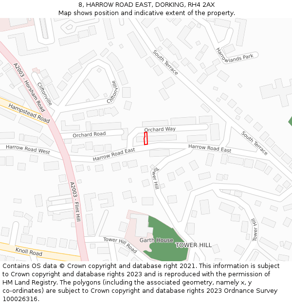 8, HARROW ROAD EAST, DORKING, RH4 2AX: Location map and indicative extent of plot