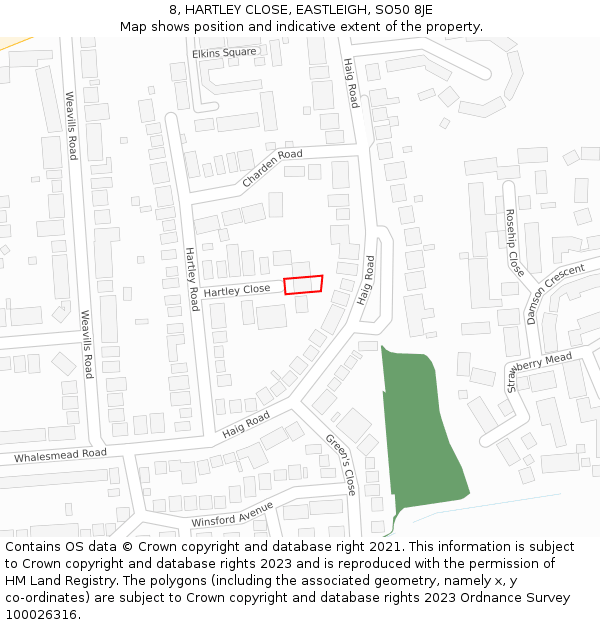 8, HARTLEY CLOSE, EASTLEIGH, SO50 8JE: Location map and indicative extent of plot