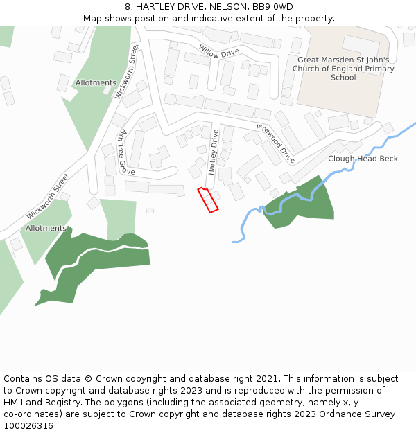 8, HARTLEY DRIVE, NELSON, BB9 0WD: Location map and indicative extent of plot