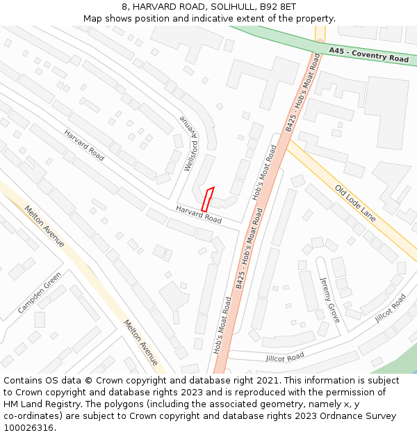 8, HARVARD ROAD, SOLIHULL, B92 8ET: Location map and indicative extent of plot