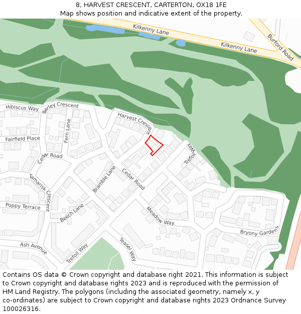 8, HARVEST CRESCENT, CARTERTON, OX18 1FE: Location map and indicative extent of plot