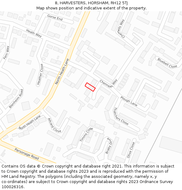 8, HARVESTERS, HORSHAM, RH12 5TJ: Location map and indicative extent of plot