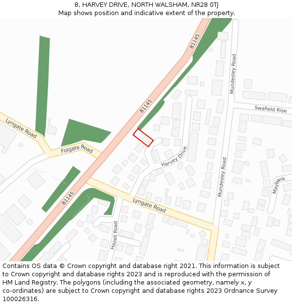 8, HARVEY DRIVE, NORTH WALSHAM, NR28 0TJ: Location map and indicative extent of plot