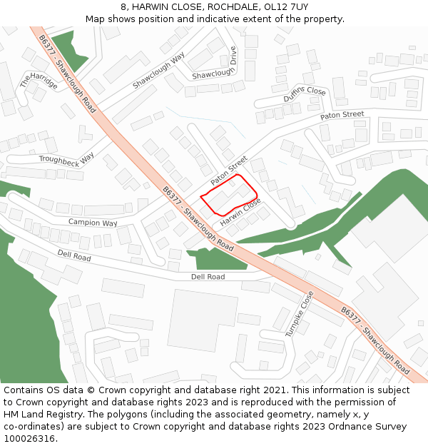 8, HARWIN CLOSE, ROCHDALE, OL12 7UY: Location map and indicative extent of plot