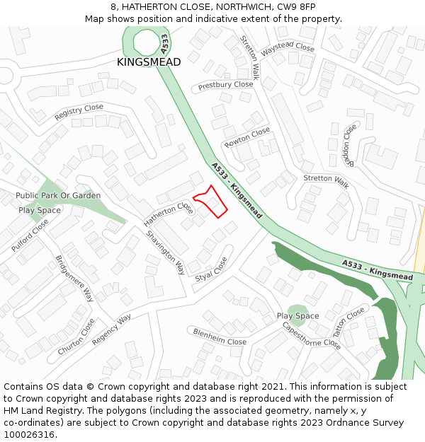 8, HATHERTON CLOSE, NORTHWICH, CW9 8FP: Location map and indicative extent of plot