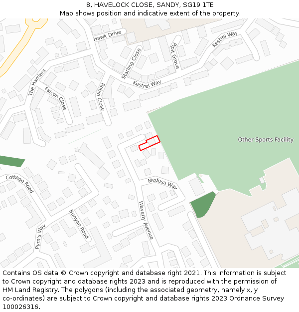 8, HAVELOCK CLOSE, SANDY, SG19 1TE: Location map and indicative extent of plot