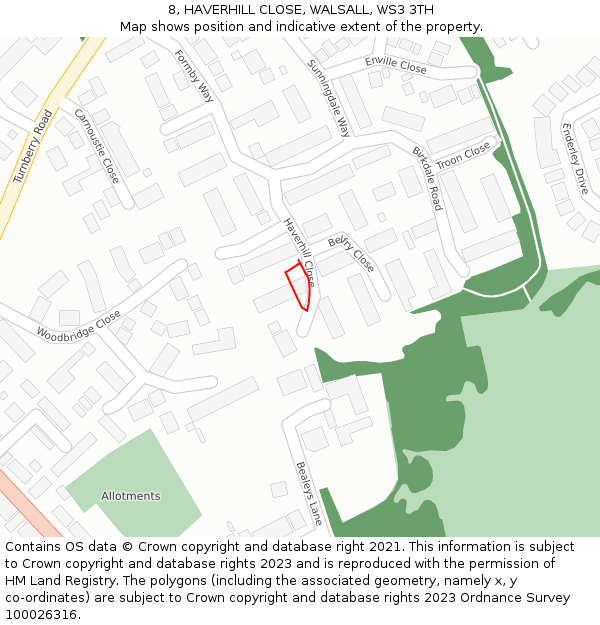 8, HAVERHILL CLOSE, WALSALL, WS3 3TH: Location map and indicative extent of plot
