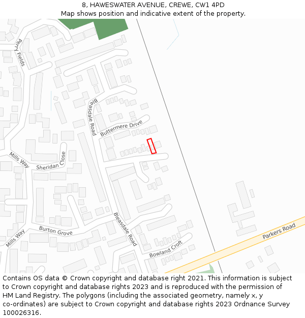 8, HAWESWATER AVENUE, CREWE, CW1 4PD: Location map and indicative extent of plot