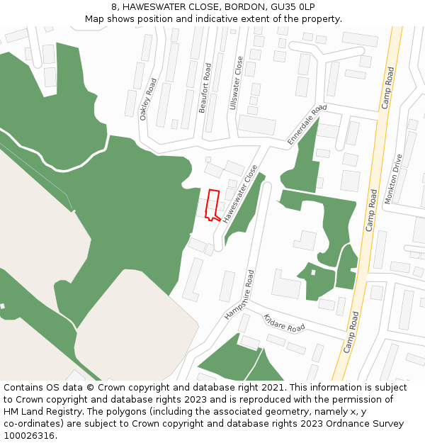 8, HAWESWATER CLOSE, BORDON, GU35 0LP: Location map and indicative extent of plot