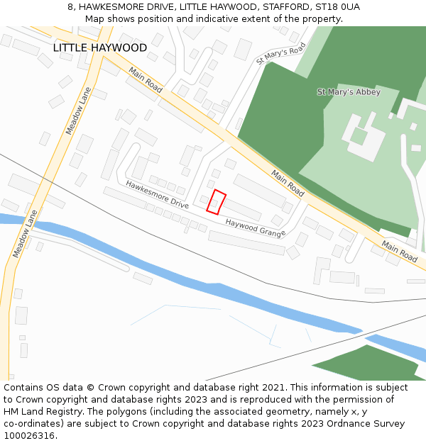 8, HAWKESMORE DRIVE, LITTLE HAYWOOD, STAFFORD, ST18 0UA: Location map and indicative extent of plot