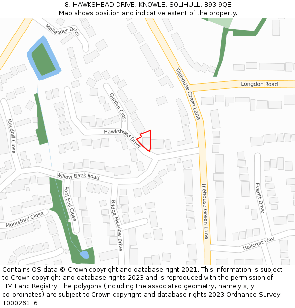 8, HAWKSHEAD DRIVE, KNOWLE, SOLIHULL, B93 9QE: Location map and indicative extent of plot