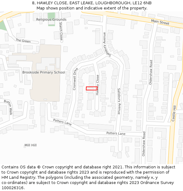 8, HAWLEY CLOSE, EAST LEAKE, LOUGHBOROUGH, LE12 6NB: Location map and indicative extent of plot