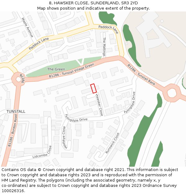 8, HAWSKER CLOSE, SUNDERLAND, SR3 2YD: Location map and indicative extent of plot